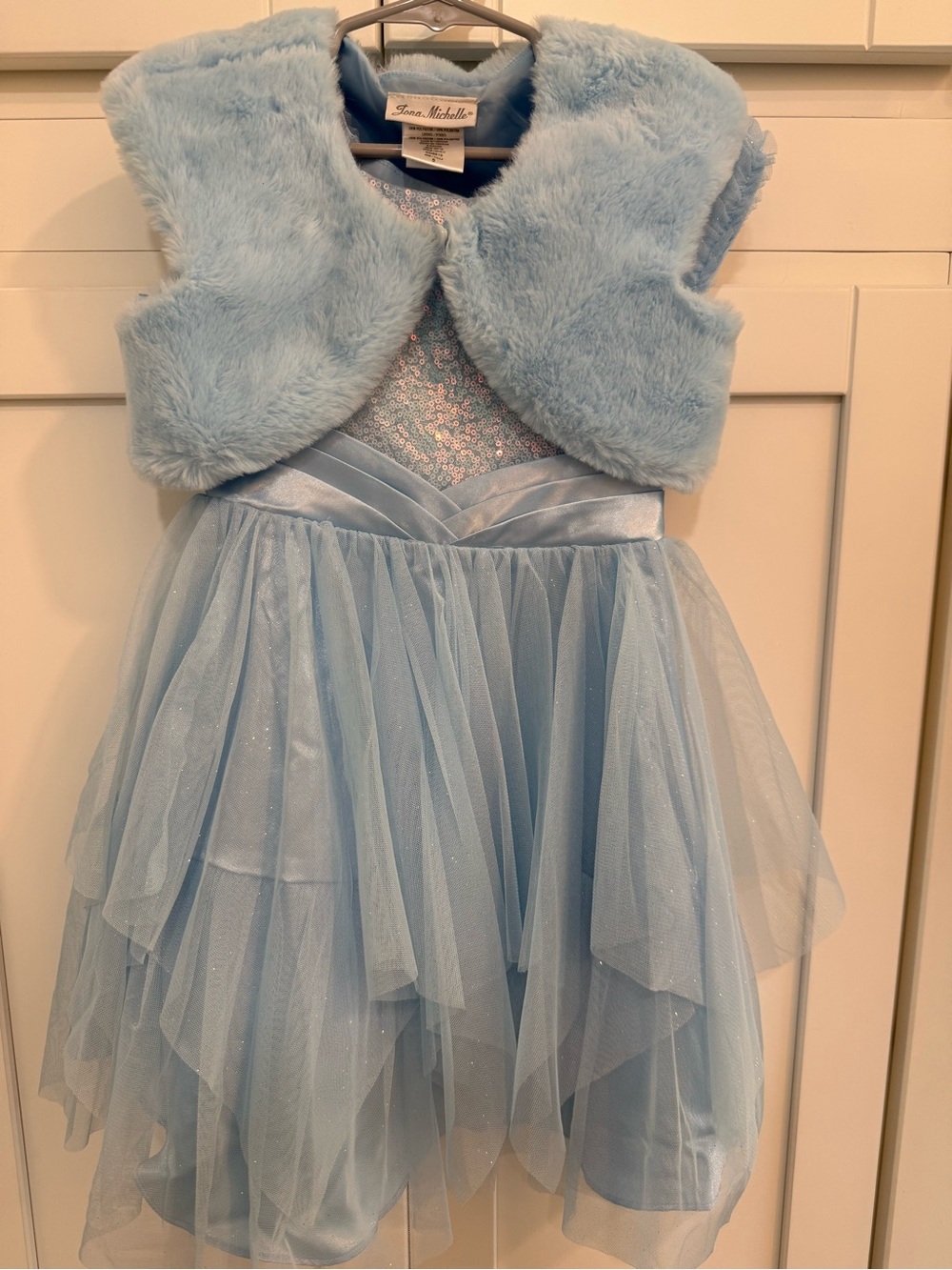 Jona Michelle Light Blue Sequin Tulle Dress with Faux Fur Bolero 5T